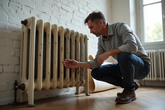 Homme examinant un vieux radiateur en fonte d'occasion avec valve et colonnes ornementées dans un appartement rénové