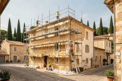 Équipe de professionnels réalisant un ravalement de façade sur un bâtiment en pierre dans une ville du Var, avec échafaudages et architecture provençale typique en arrière-plan