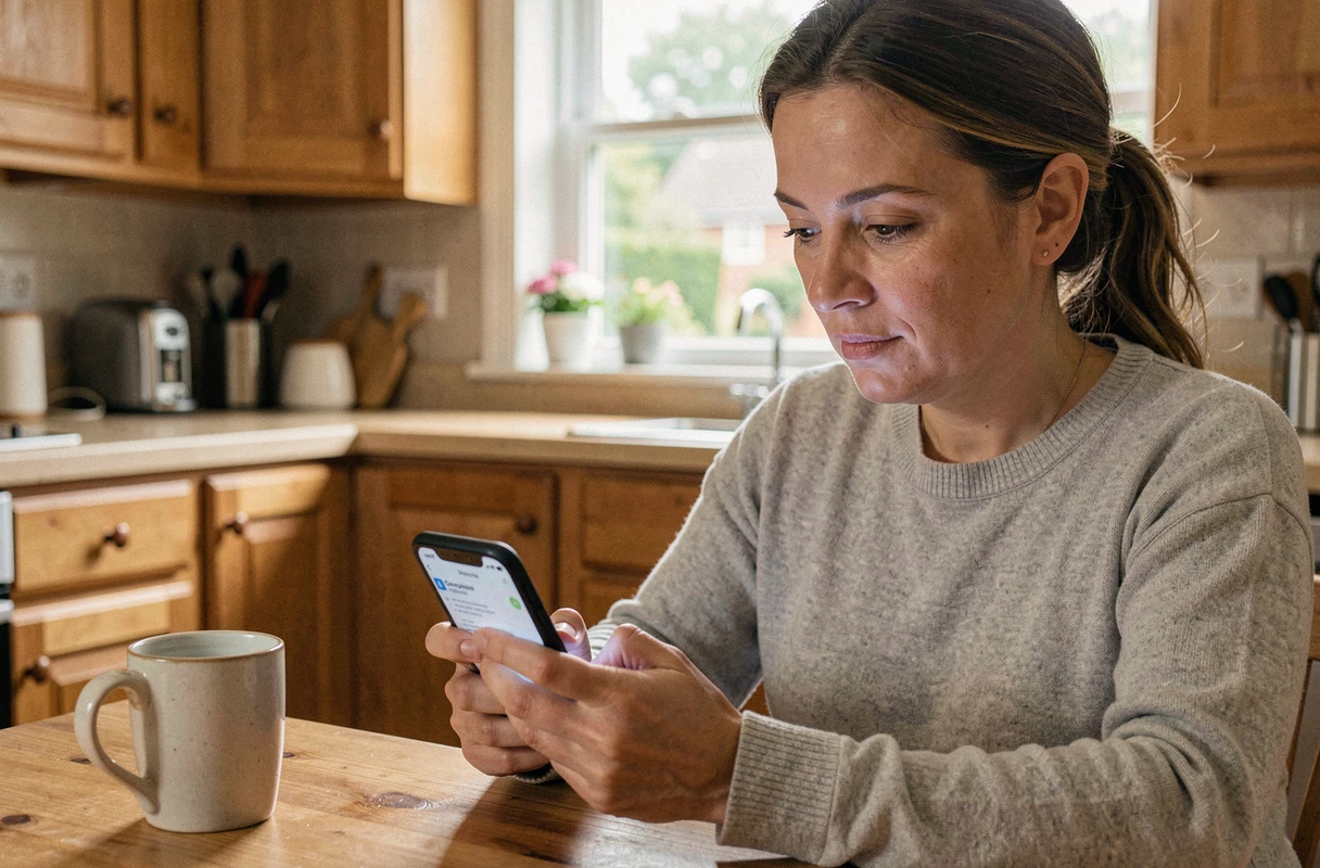 Femme recherchant un artisan qualifié sur son smartphone depuis sa cuisine
