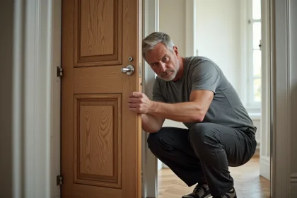 Homme inspectant les gonds d'une porte intérieure en bois dans un couloir de maison française