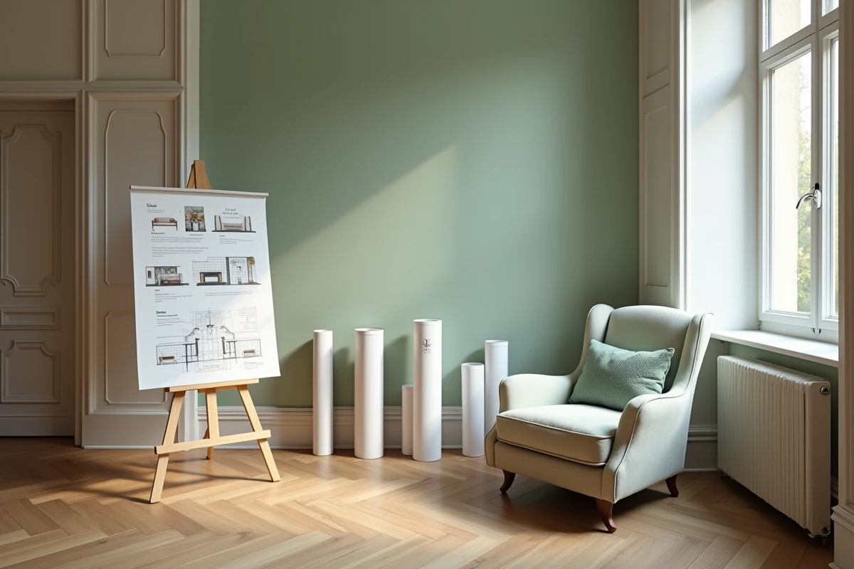 Intérieur haussmannien en cours de relooking décoratif avec un tableau d'humeur numérique posé sur un fauteuil en velours, parquet en chevrons et mur d'accent vert sauge à moitié peint