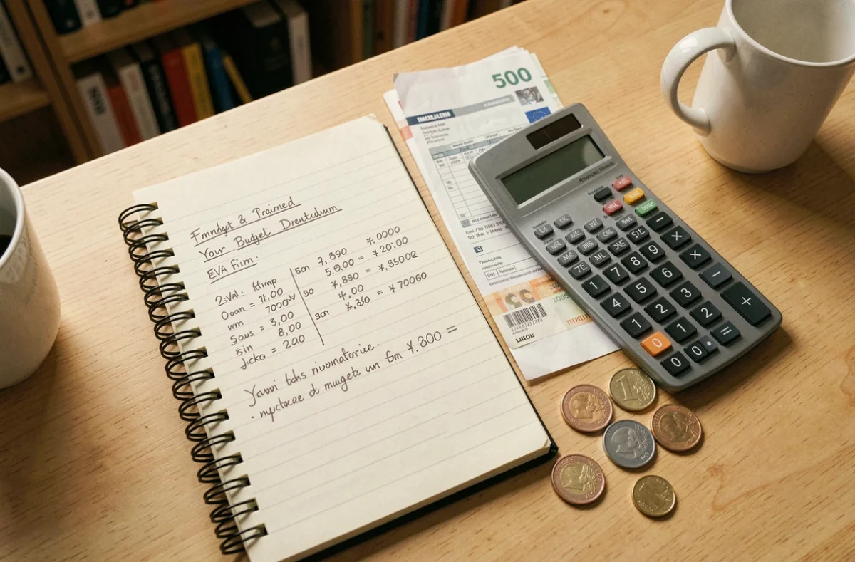 Calcul de rentabilité d'un panneau solaire fait maison avec notes manuscrites, factures et pièces de monnaie sur un bureau