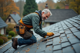 Homme couvreur en action sur un toit en ardoise en rénovations