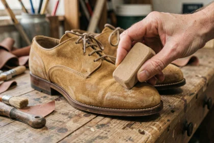 Femme restaurant des chaussures en daim usées avec une gomme à nubuck sur un établi de cordonnier en bois