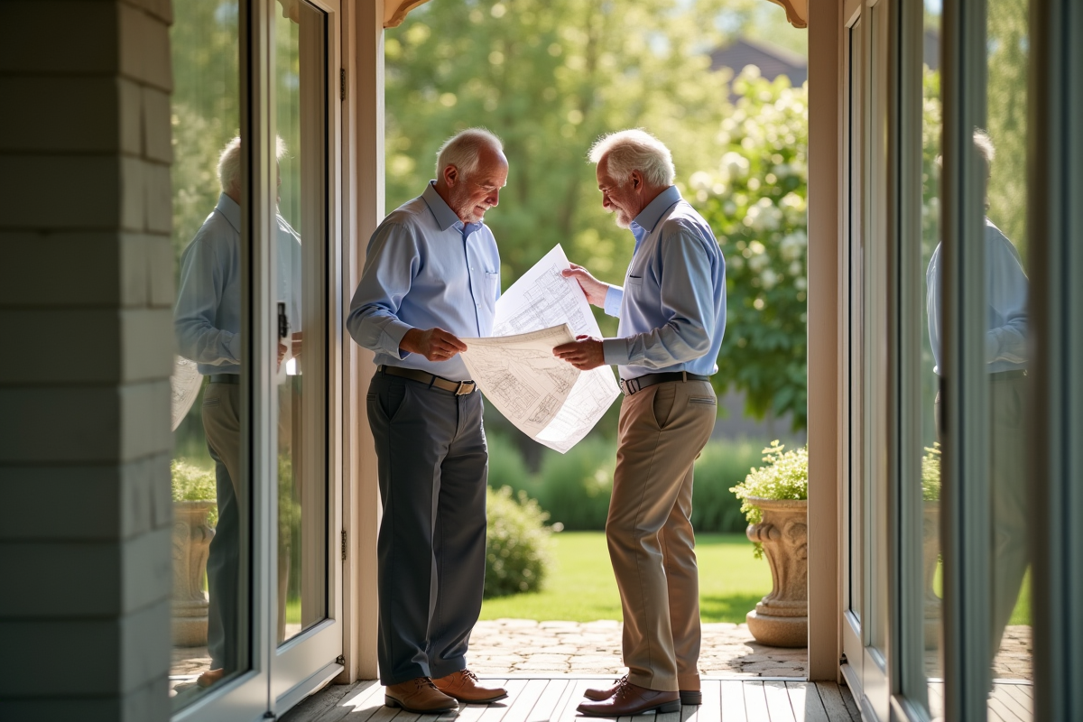 Retraité et agent municipal examinant des plans devant la veranda