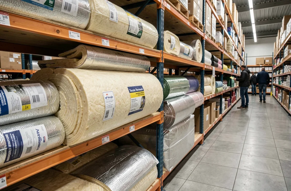 Rayonnage de magasin de bricolage présentant différents rouleaux d'isolant thermique pour la rénovation