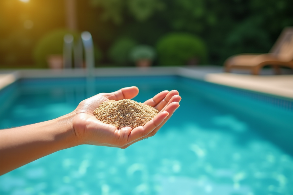 Main tenant du sable de filtration piscine au soleil