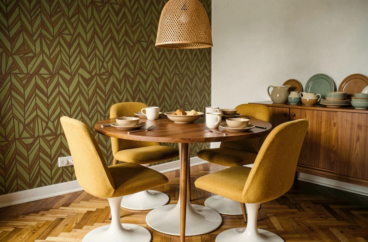 Salle à manger style 70s avec table en teck, chaises moutarde et papier peint géométrique vert avocat et brun