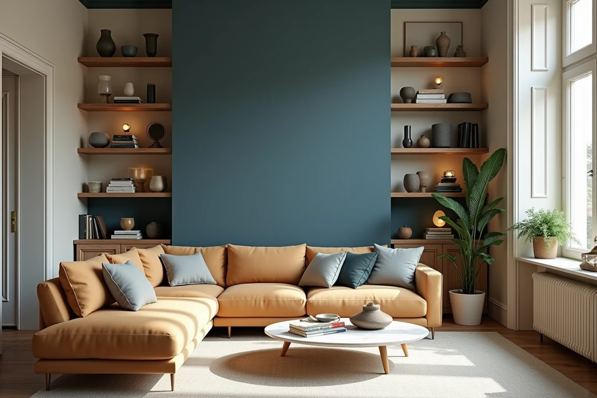 Salon rénové à Lille avec mur bleu poudré, boiseries crème et canapé en lin, illustrant l'expertise couleur d'une agence de décoration