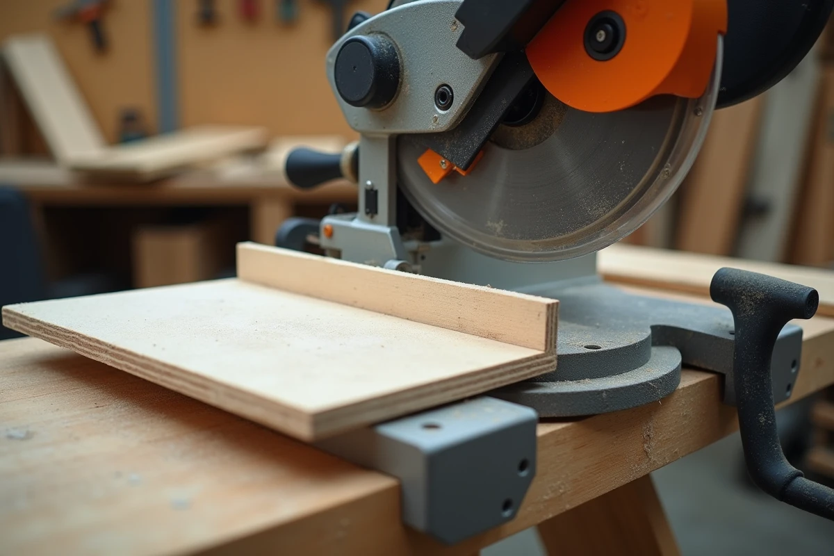 Scie à onglet positionnée pour couper une plinthe MDF en biais sur un établi d'atelier