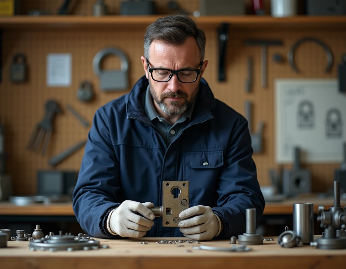 Serrurier professionnel comparant un ancien pêne de serrure à mortaise avec un modèle moderne dans son atelier