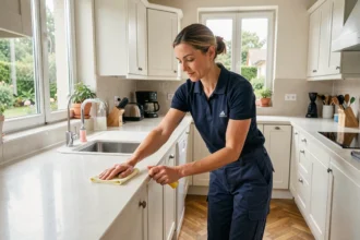 Professionnelle du ménage à domicile nettoyant une cuisine moderne dans une maison des Yvelines