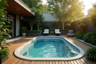 Spa de natation compact dans un jardin moderne ensoleille
