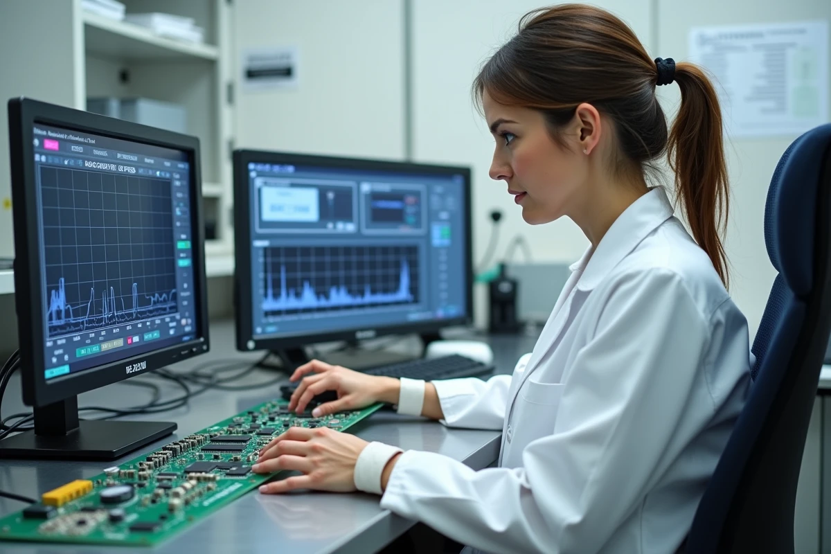 Spécialiste en protection électronique testant un circuit de protection pour infrastructure télécom en laboratoire