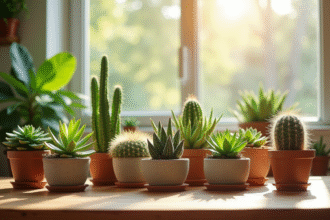 Variété de succulentes et cactus en pot dans une ambiance intérieure lumineuse