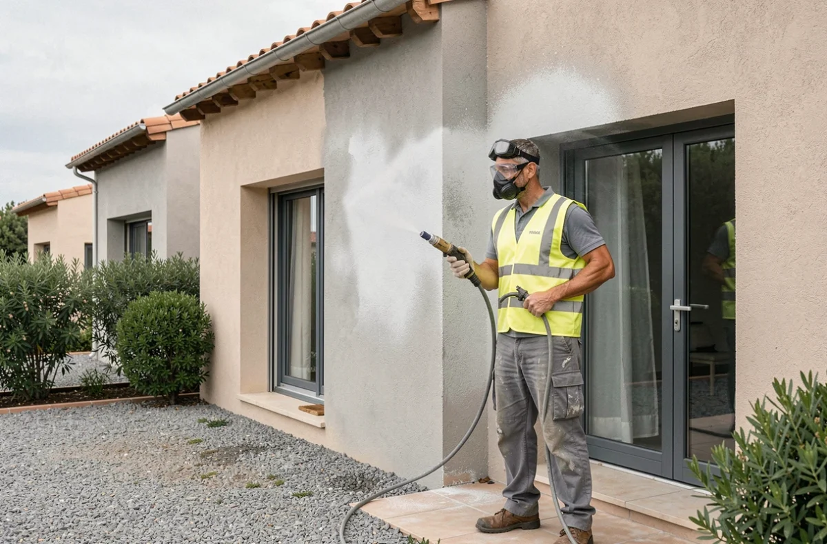 Spécialiste de Sud Est Facades appliquant un revêtement hydrofuge sur la façade d'une villa contemporaine dans le Var avec un équipement de projection professionnel