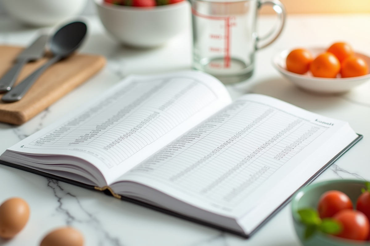 Livre de recettes ouvert avec tableau de conversion en cuisine