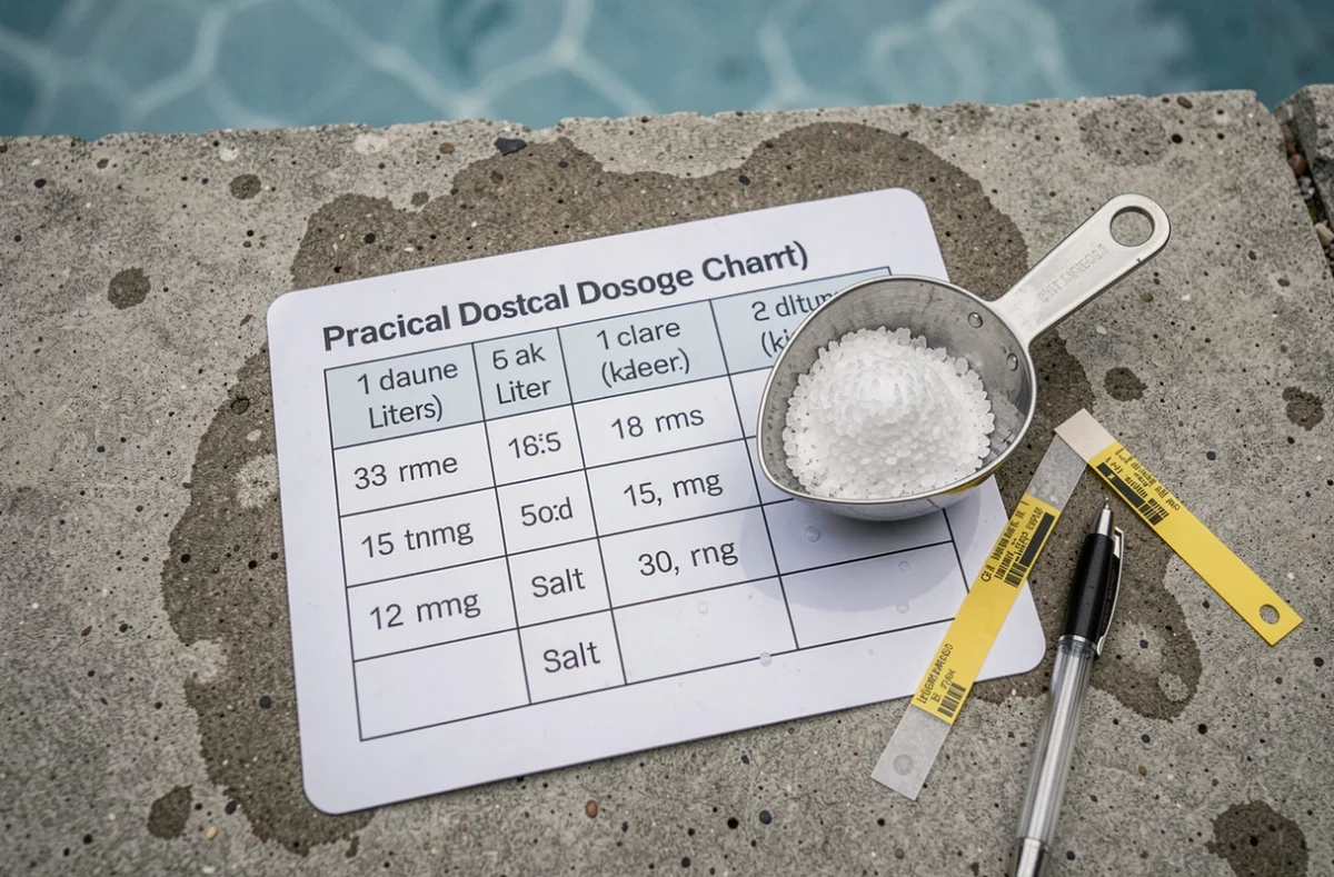 Tableau de dosage de sel pour piscine posé sur le bord du bassin avec une pelle doseuse et une bandelette de test