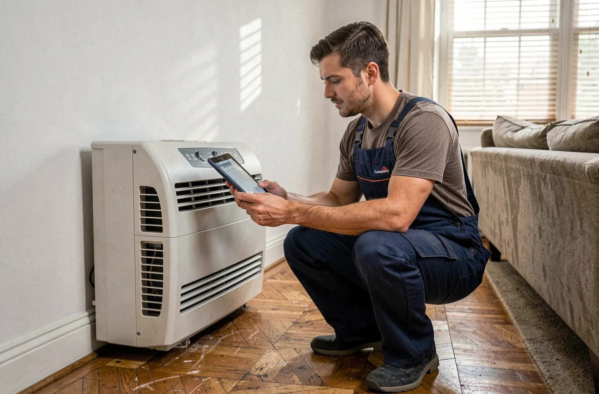 Technicien effectuant un diagnostic sur une pompe à chaleur Daikin dans un salon français