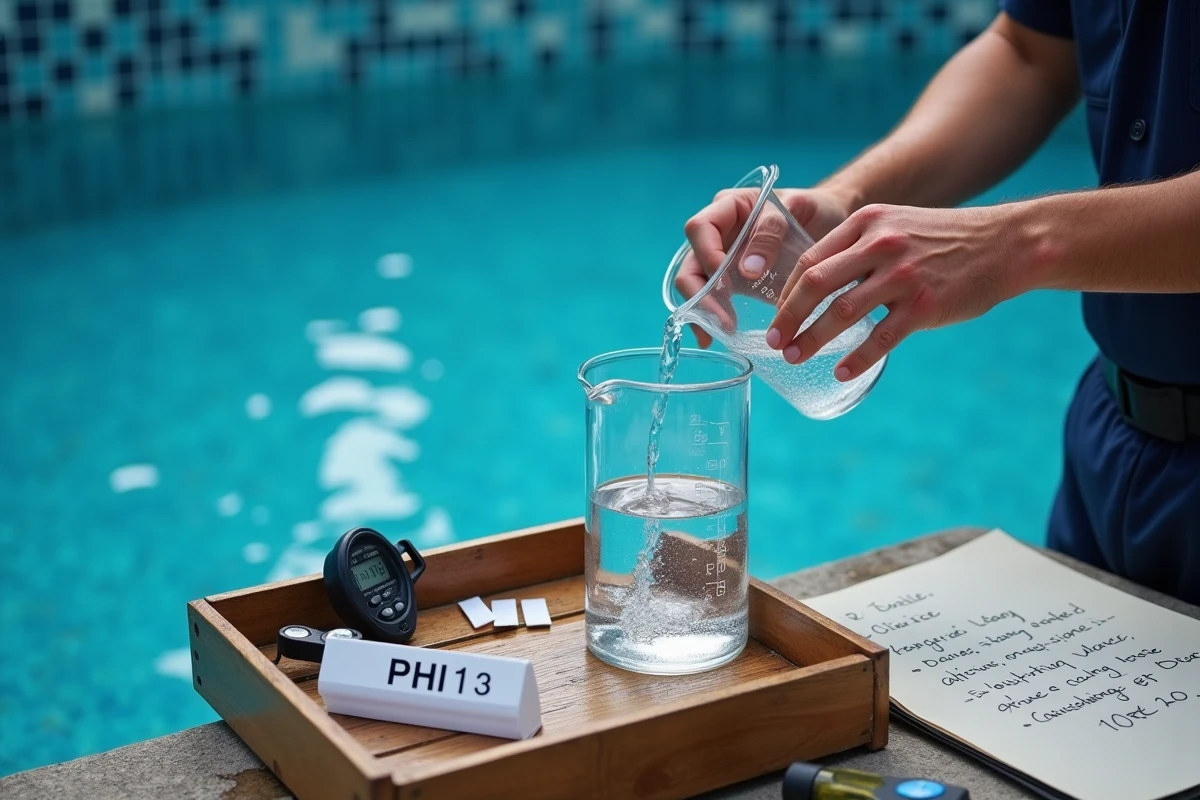 Technicien de piscine dosant précisément le chlore liquide avec un bécher gradué après calcul du volume d'eau pour un traitement optimal du pH