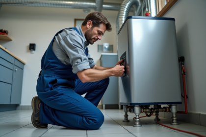 Technicien en overalls installant un chauffe-eau thermodynamique