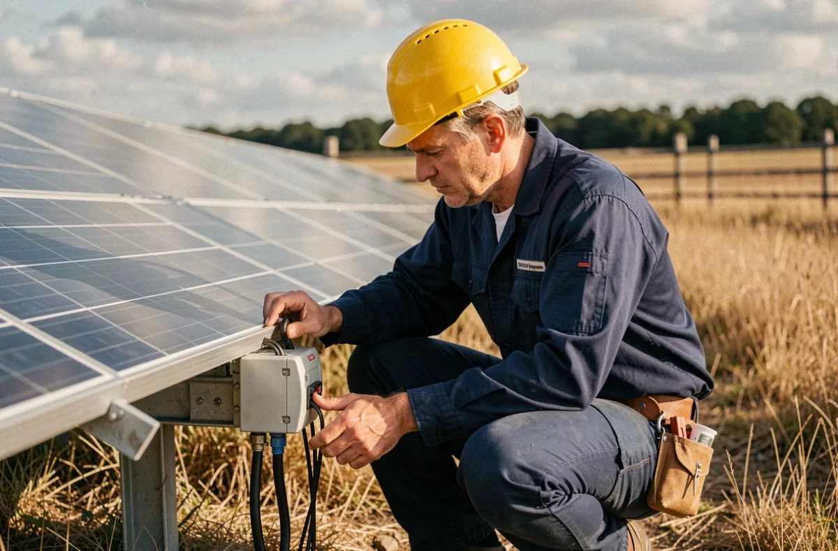 Technicien inspectant un panneau solaire 800W au sol dans un champ rural lors d'une maintenance professionnelle