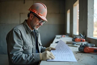 Technicien en bâtiment analysant un tableau de charges admissibles pour chevilles et scellements chimiques sur un chantier en béton