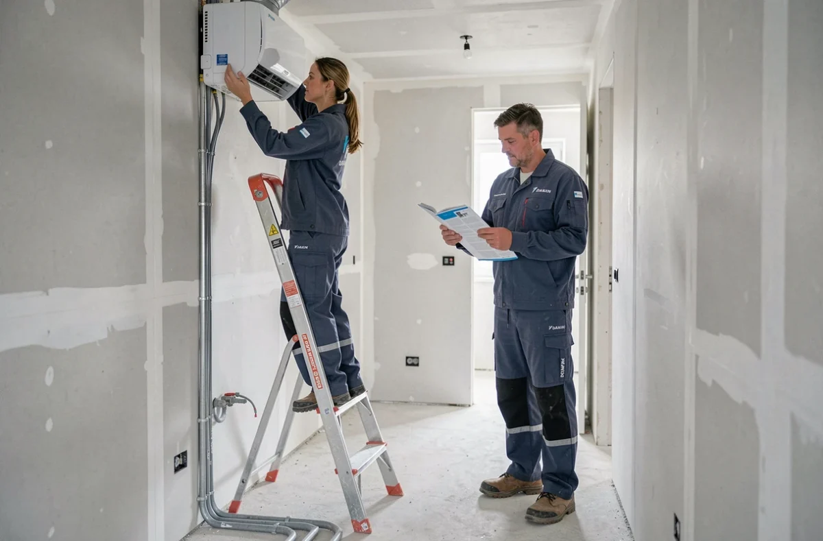 Deux techniciens installant une unité intérieure de pompe à chaleur Daikin dans un couloir de maison neuve