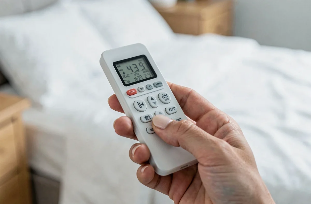 Main de femme tenant une télécommande de climatiseur réversible avec réglage de température affiché
