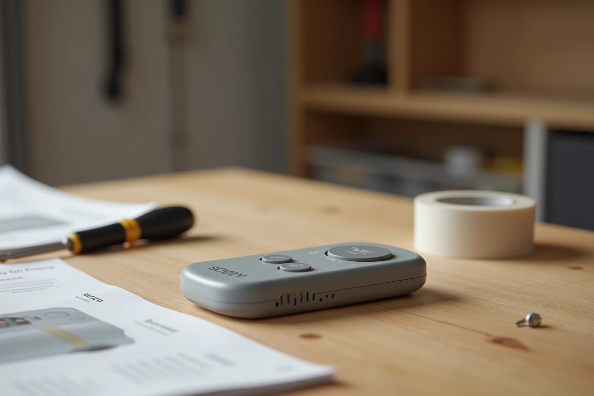 Télécommande Somfy RTS posée sur une table en bois avec un guide d'installation et des outils de programmation