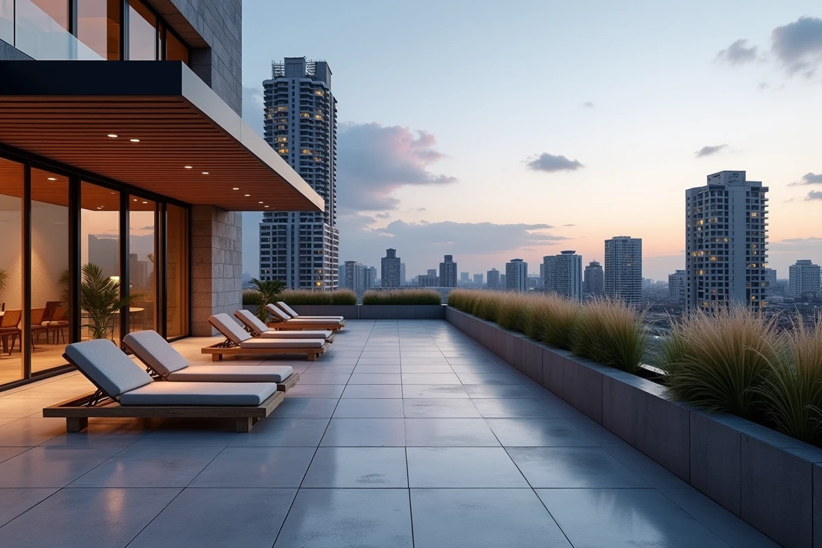 Terrasse rooftop de luxe vide avec mobilier design et pergola en bois dans un immeuble résidentiel urbain moderne