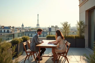 Couple examinant des plans architecturaux sur une terrasse rooftop parisienne avec vue panoramique sur les toits haussmanniens