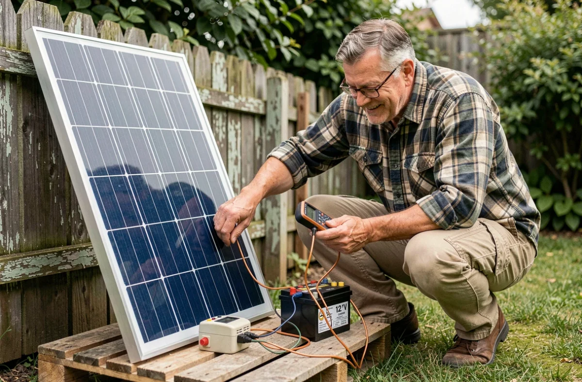 Homme vérifiant le fonctionnement d'un panneau solaire artisanal connecté à une batterie dans un jardin