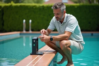 Homme testant la qualité de l'eau d'une piscine résidentielle avec un appareil de mesure numérique pour calculer le dosage de chlore et le pH