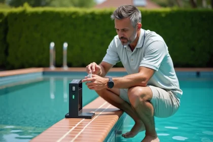 Homme testant la qualité de l'eau d'une piscine résidentielle avec un appareil de mesure numérique pour calculer le dosage de chlore et le pH