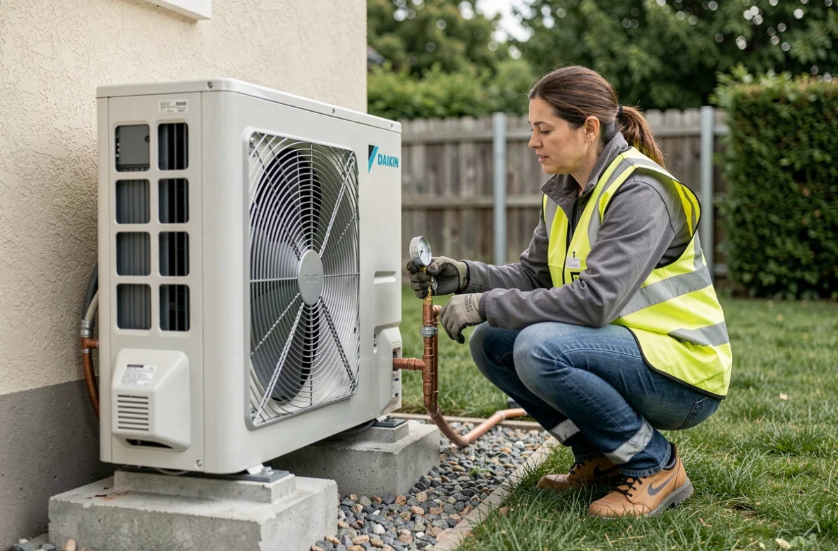 Unité extérieure de pompe à chaleur Daikin installée sur plot béton à côté d'une maison résidentielle