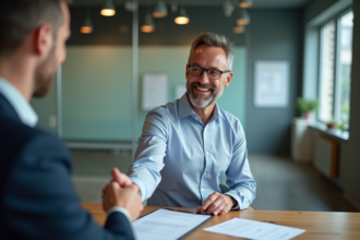 Vendeur d'affaires en costume tendant un contrat signé