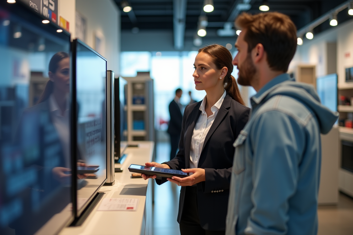 Vendeuse expliquant des appareils électroménagers à des clients