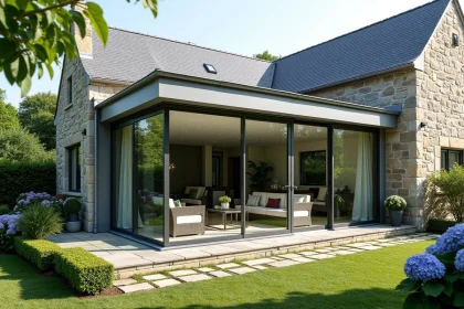 Véranda en verre et aluminium adossée à une maison en pierre bretonne avec jardin fleuri au premier plan