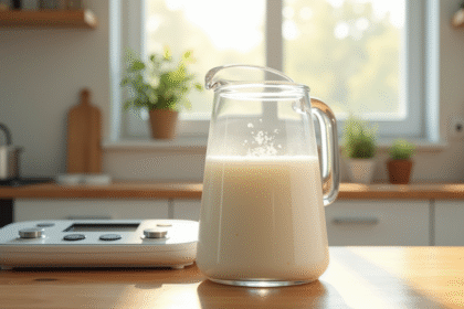 Verre mesureur rempli de lait sur plan de travail en cuisine