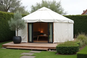 Yourte design contemporaine installée dans un jardin privé avec terrasse en bois et végétation soignée